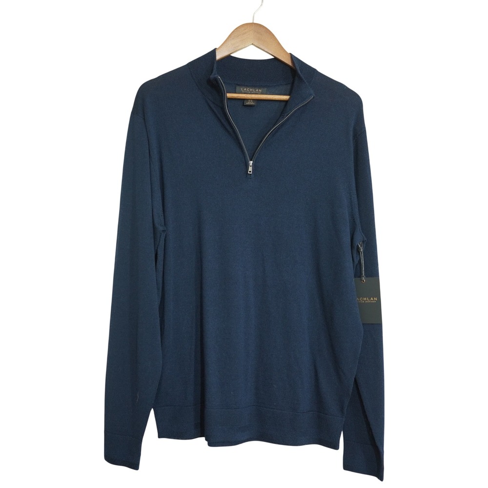 Lachlan Men's Size Large NEW Navy Blue 100% Merino Wool Quarter Zip Sweater